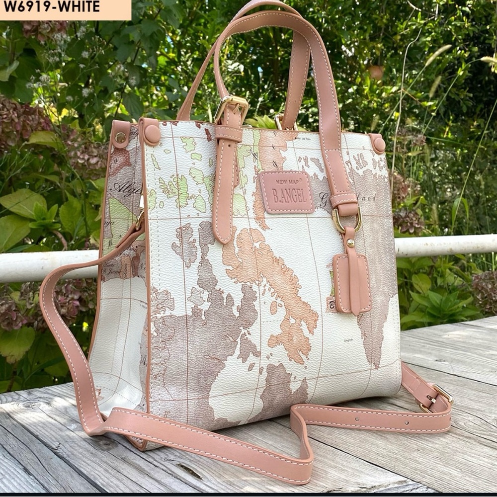 BAngel Women's World Map Tote - Cream and Brown